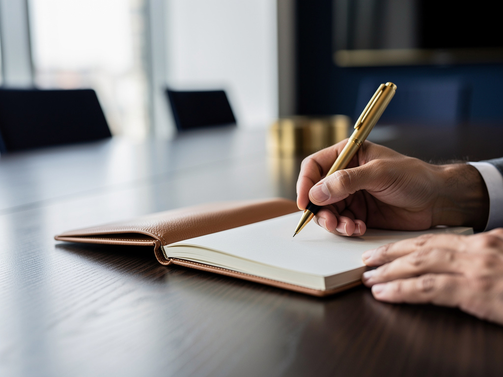 Close-up of a hand writing goals in a leather notebook with a gold pen on the walnut table.