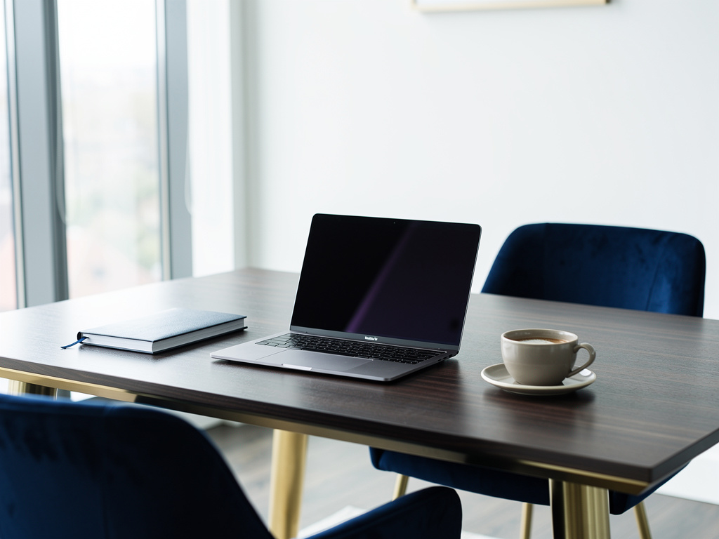 A clean desk with a laptop, a closed planner and a coffee cup arranged neatly in the bright studio.