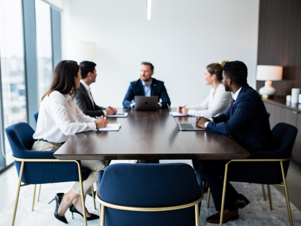 A small group of professionals in discussion around the walnut table, faces softly out of focus.