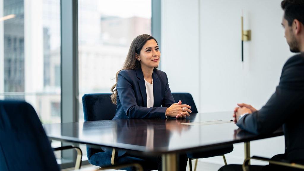 A confident professional in a navy blazer listening attentively across the walnut table during a coaching session, brigh